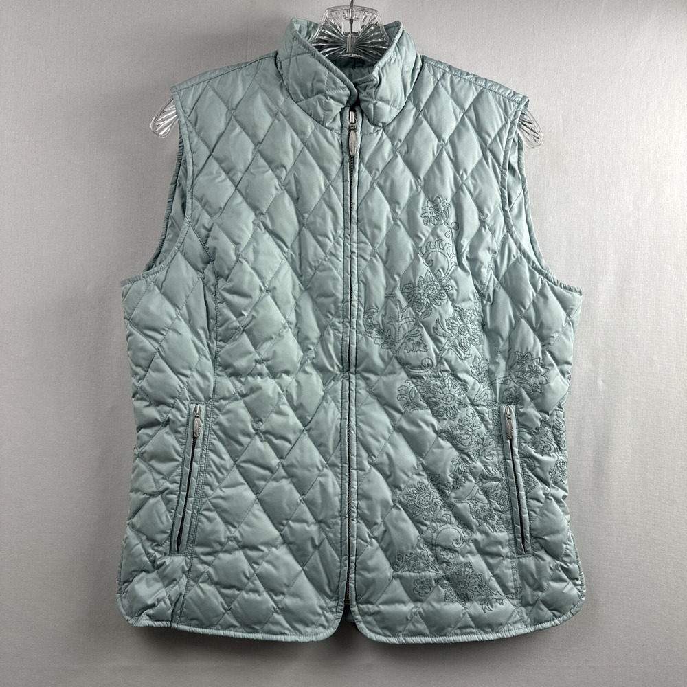 Eddie Bauer Premium Goose Down Vest Womens M Quilted Embroidered Aqua Zip Pocket
